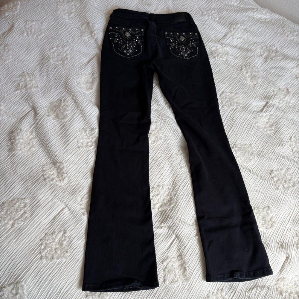 Black Rhinestone Studded Flare Jeans Y2K McBling Western Cyber Grunge Sz 3